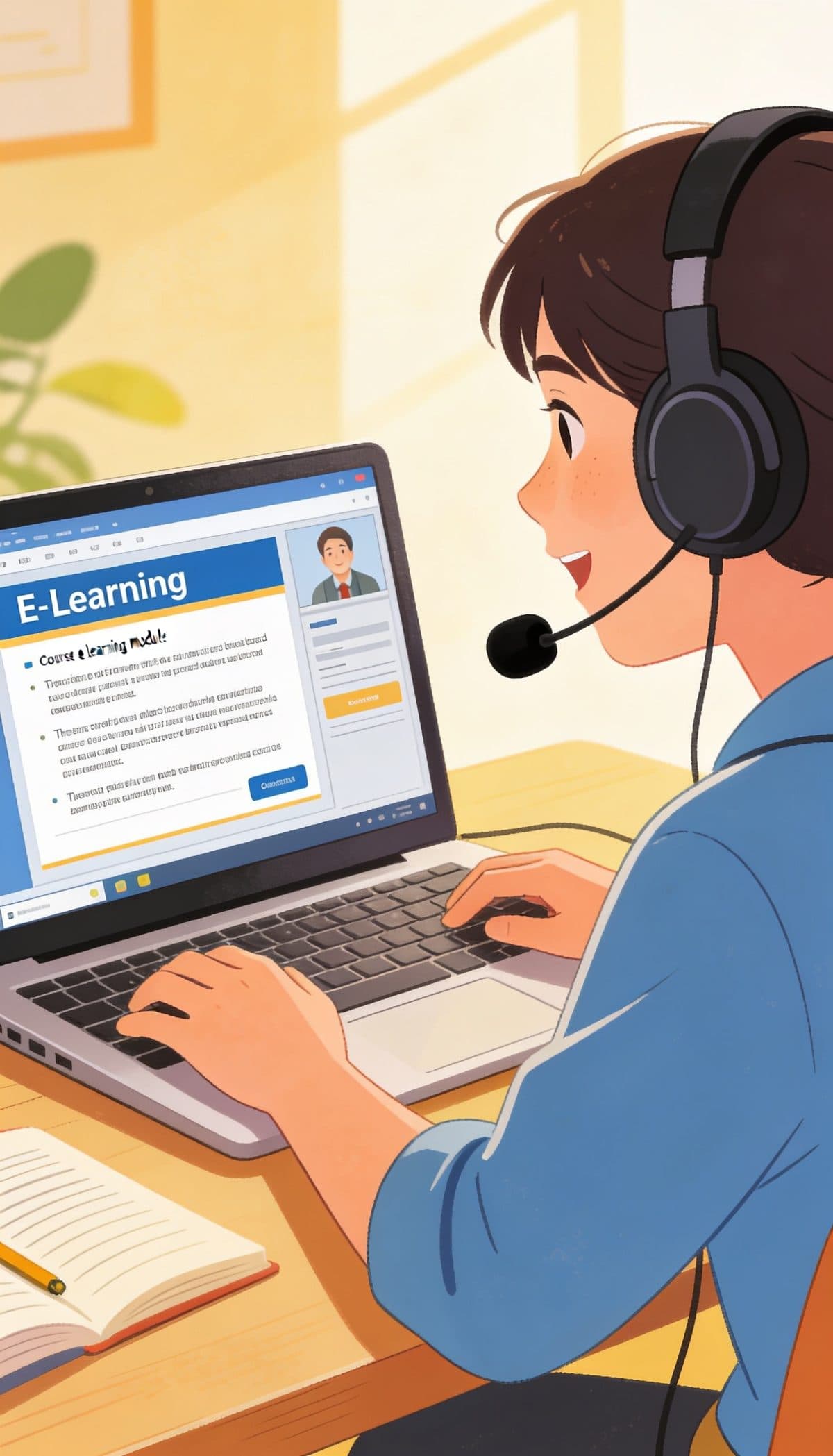 Person narrating an online course module with a microphone