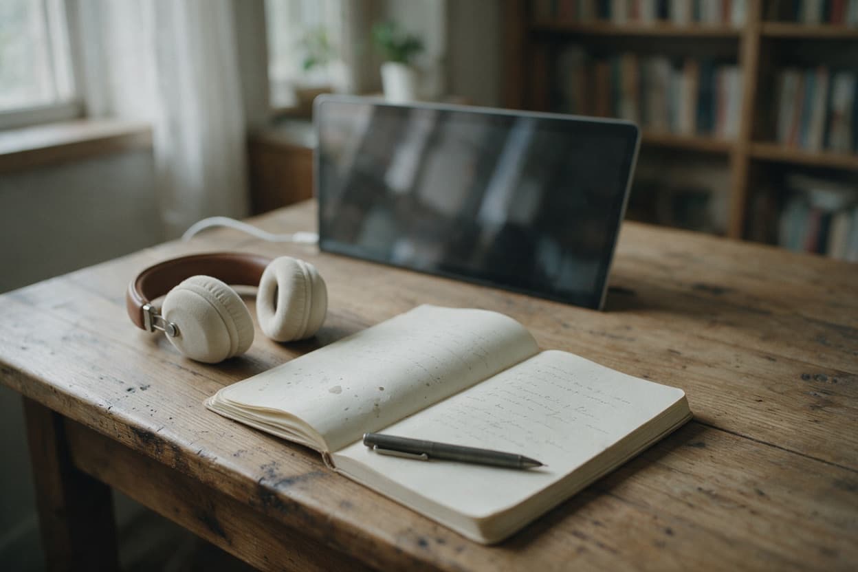A linguist proofreading a printed transcript against the original recording