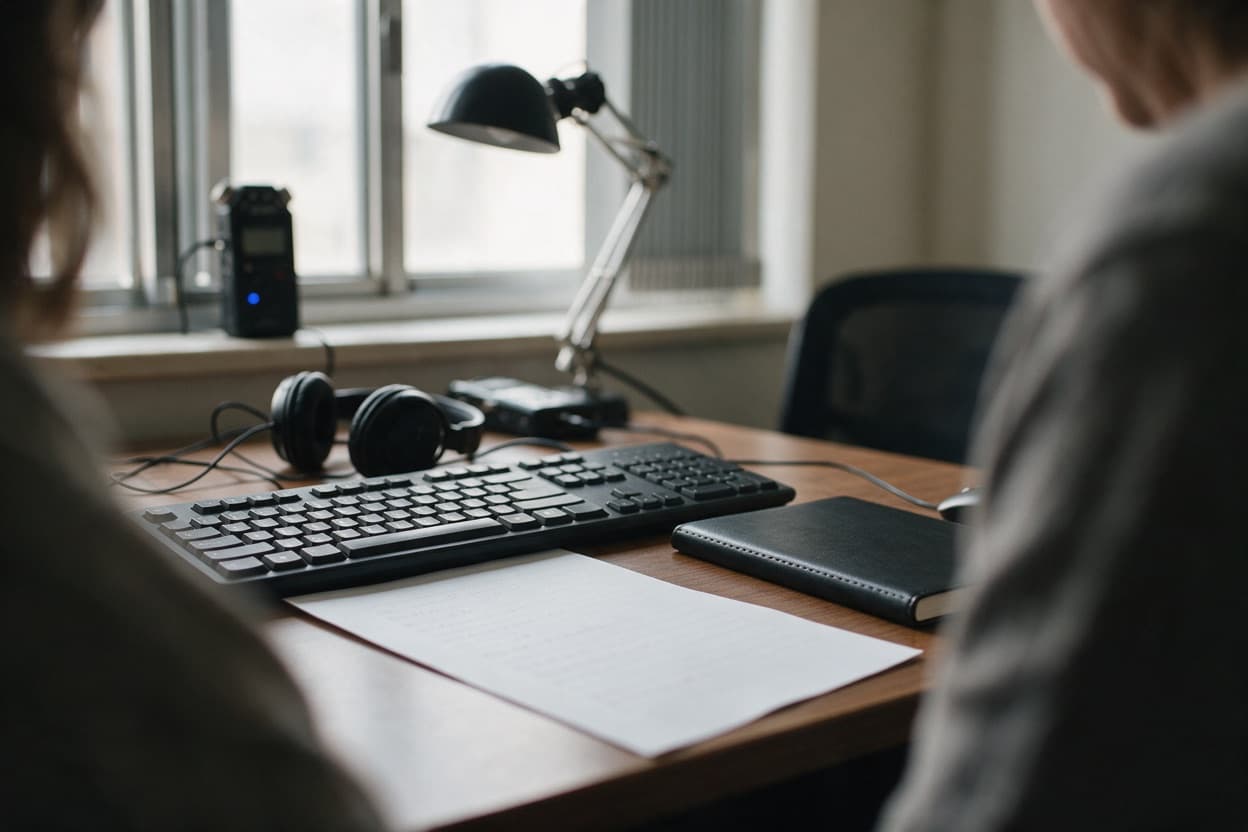 A linguist proofreading a printed transcript against the original recording