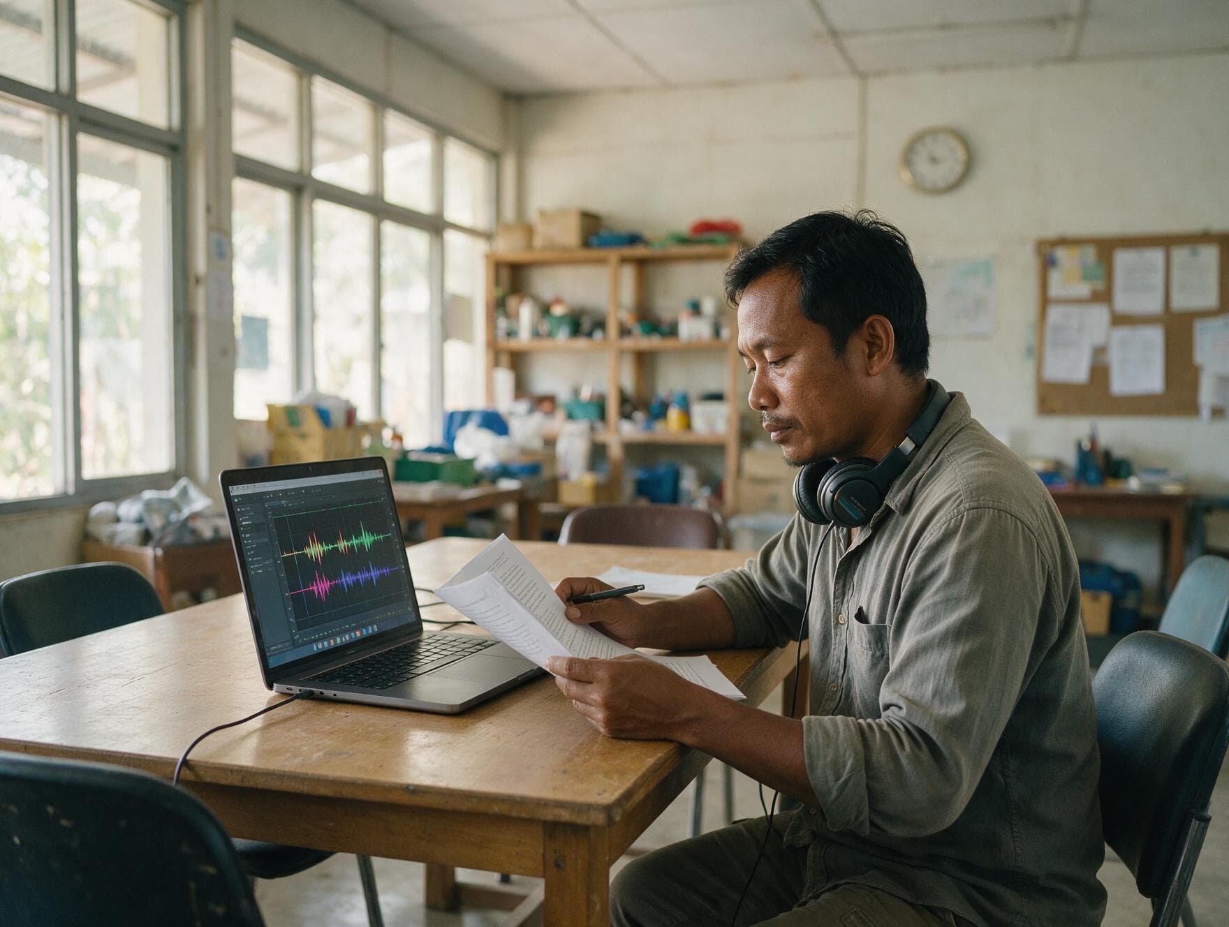 A linguist proofreading a printed Burmese transcript against the original recording