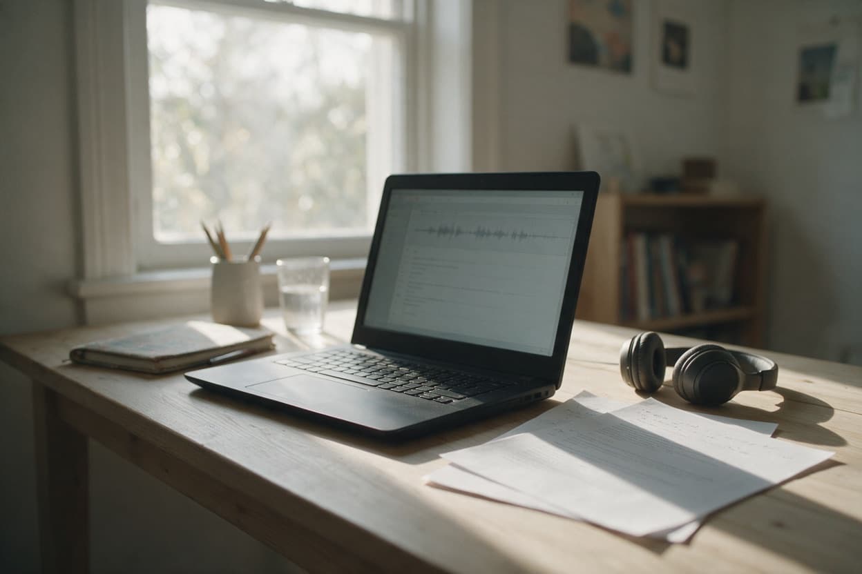 A linguist proofreading a printed transcript against the original recording