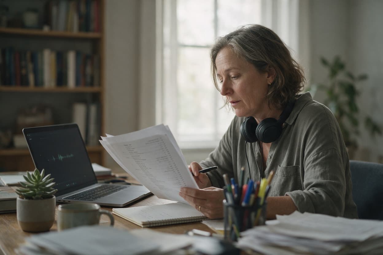 A linguist proofreading a printed transcript against the original recording