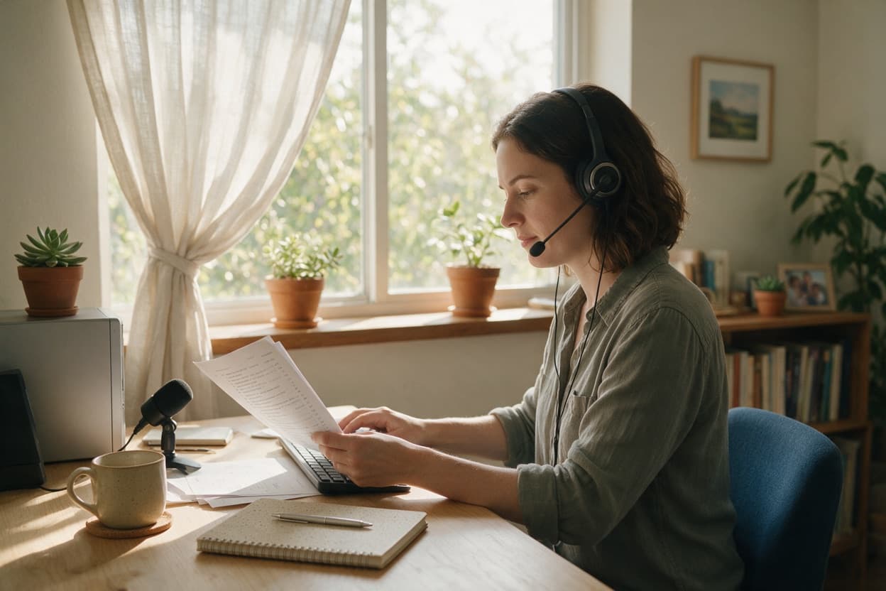 A linguist proofreading a printed transcript against the original recording
