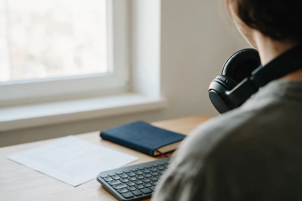 A linguist proofreading a printed transcript against the original recording