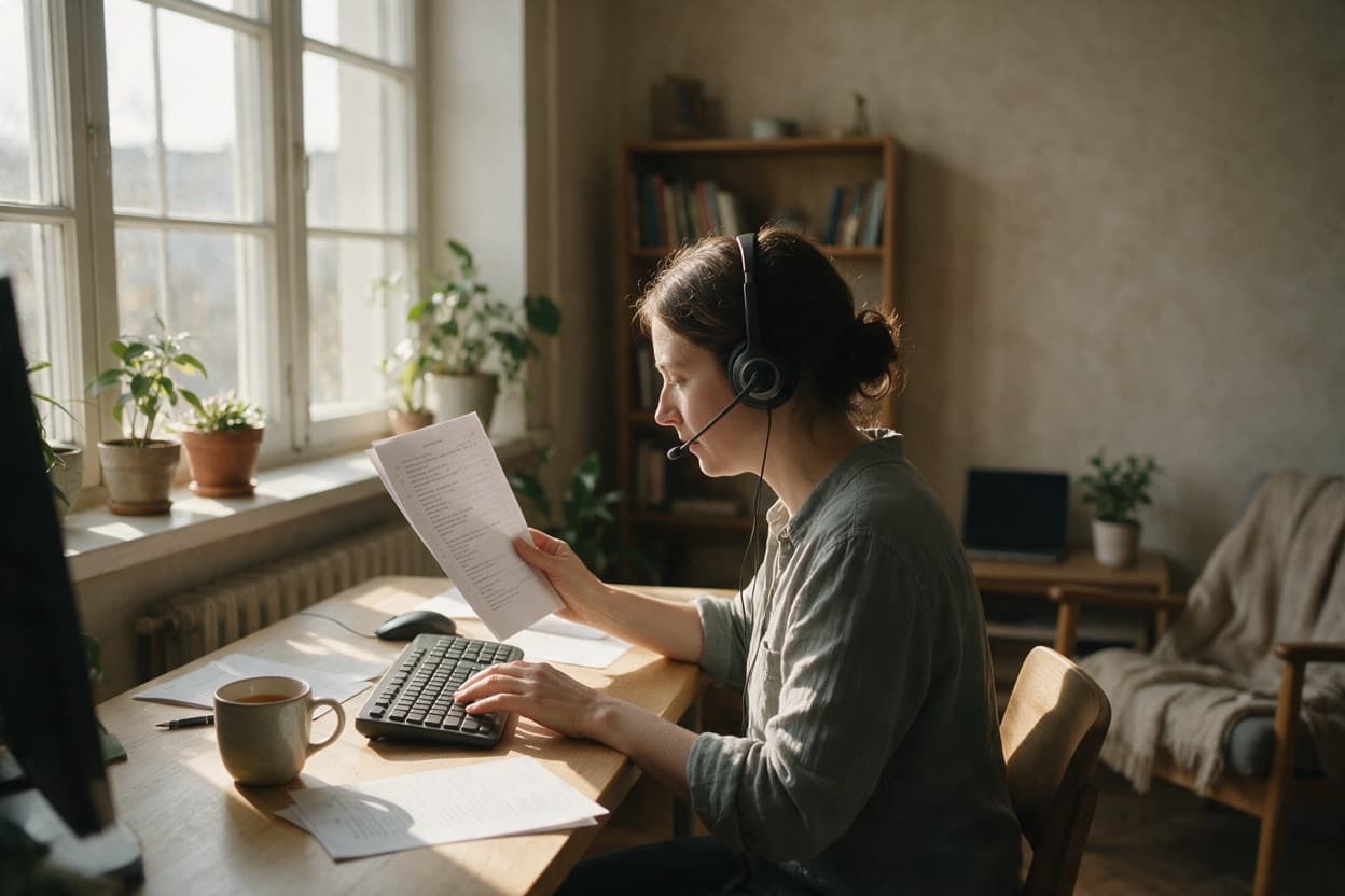 A linguist proofreading a printed transcript against the original recording