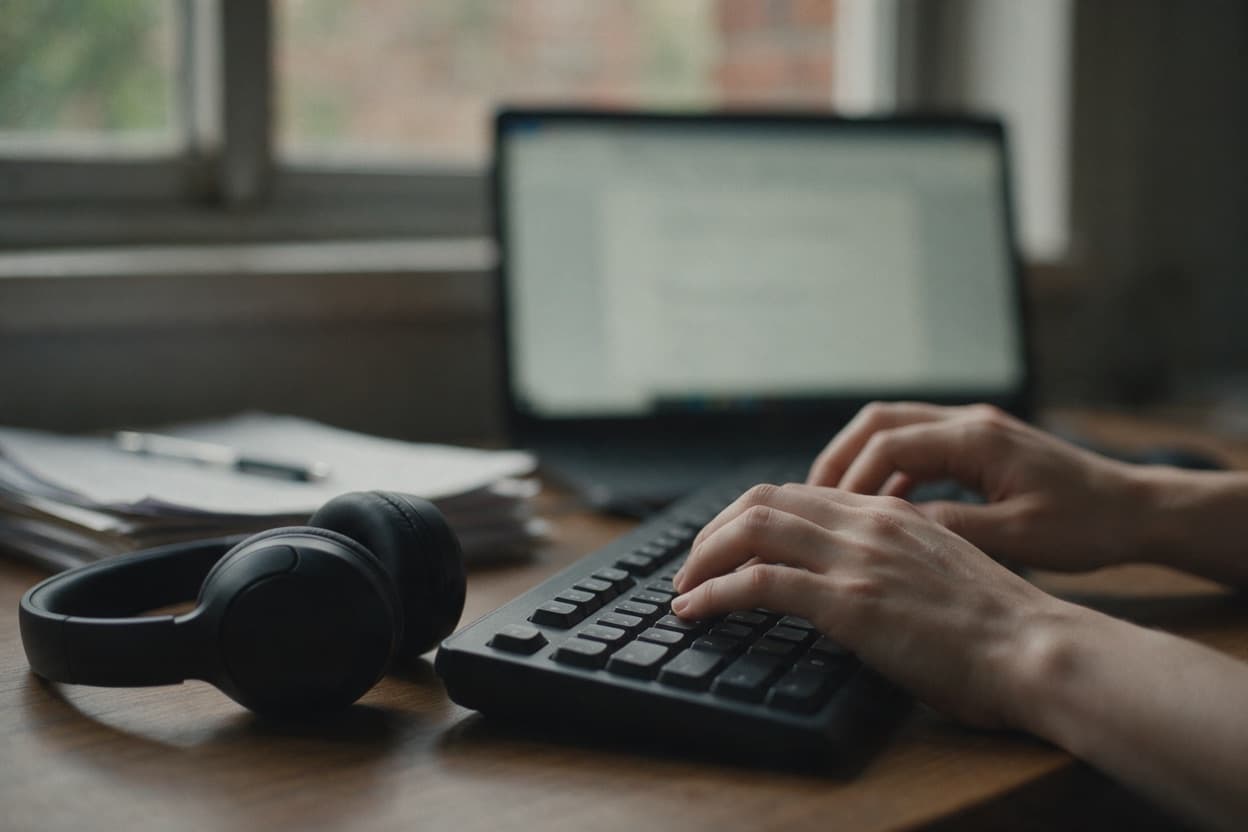 A linguist proofreading a printed transcript against the original recording