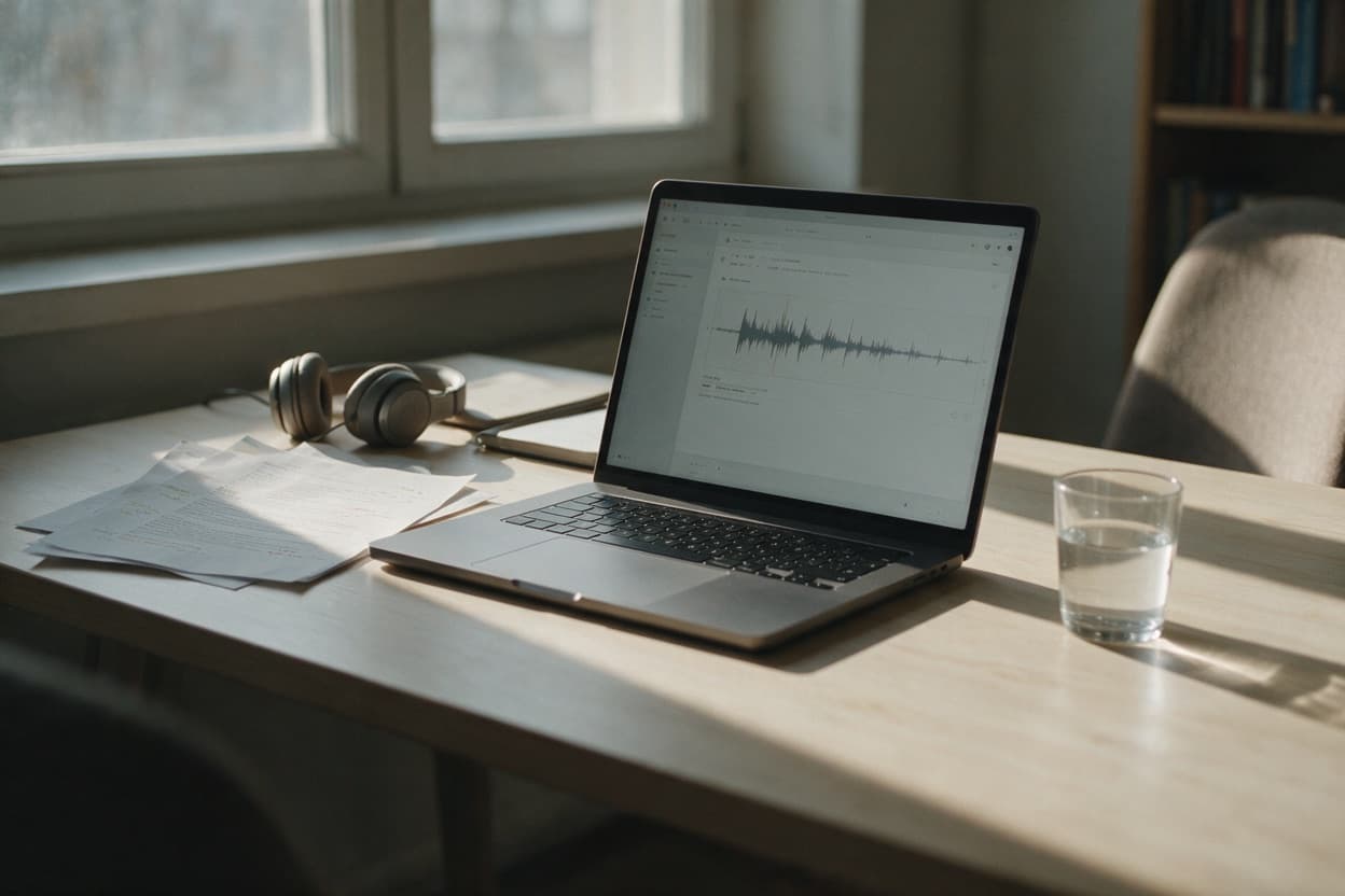 A linguist proofreading a printed transcript against the original recording