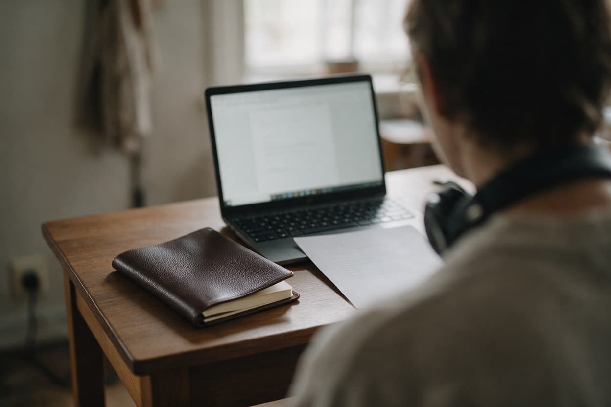 A linguist proofreading a printed transcript against the original recording