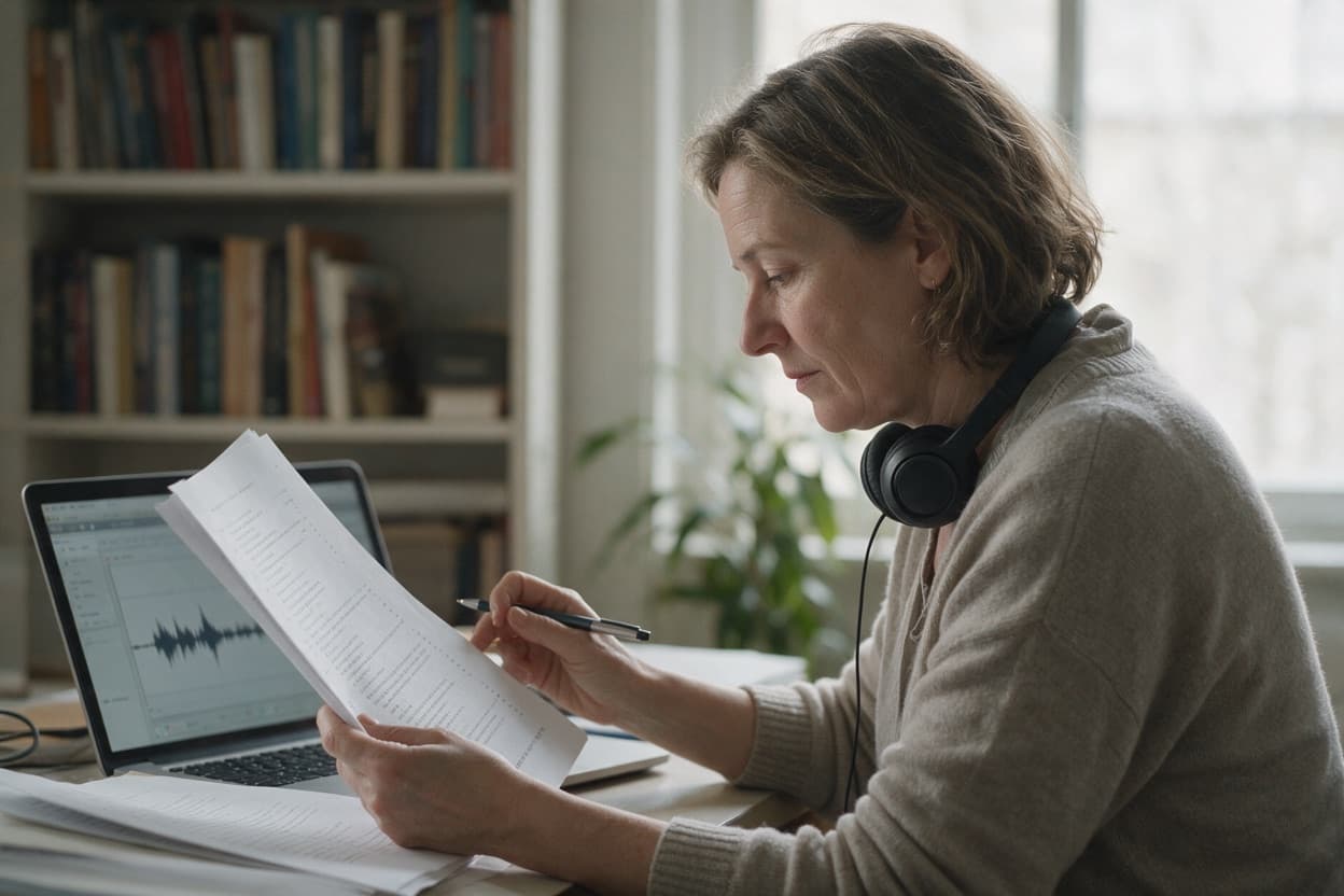 A linguist proofreading a printed transcript against the original recording