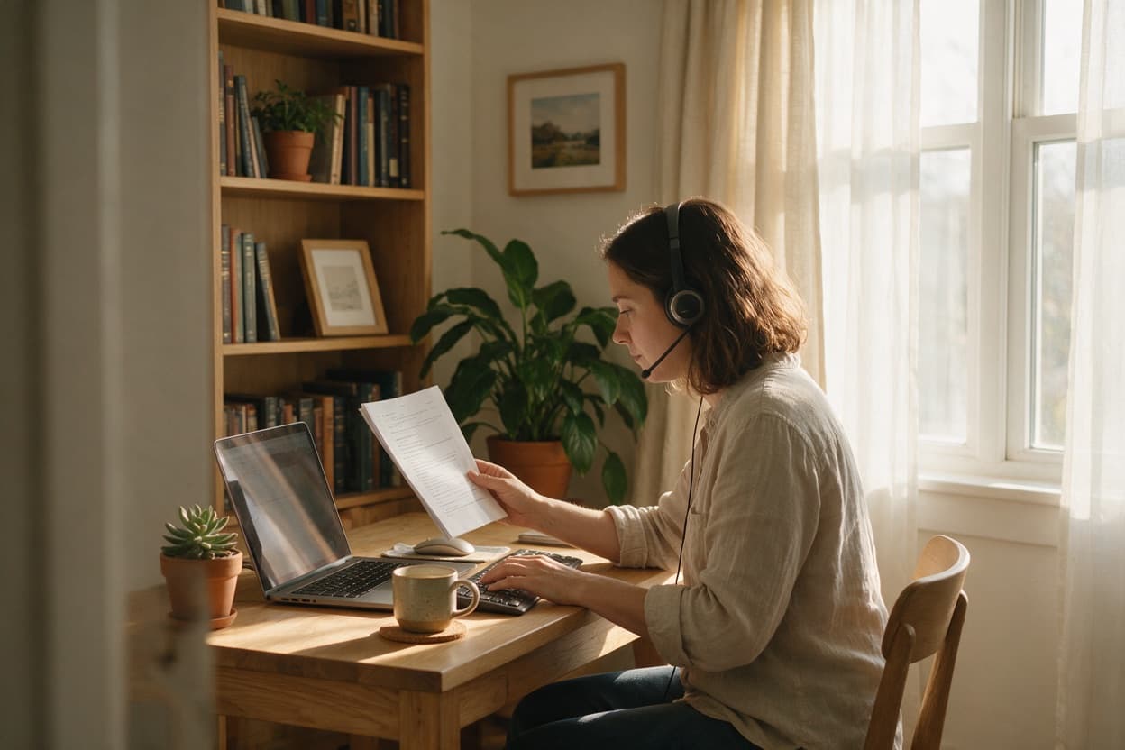 A linguist proofreading a printed transcript against the original recording