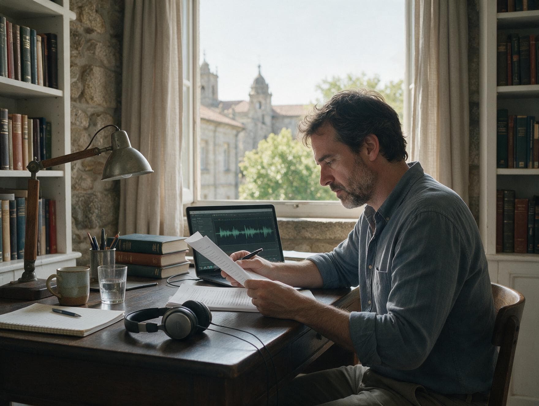 A linguist proofreading a printed Galician transcript against the original recording