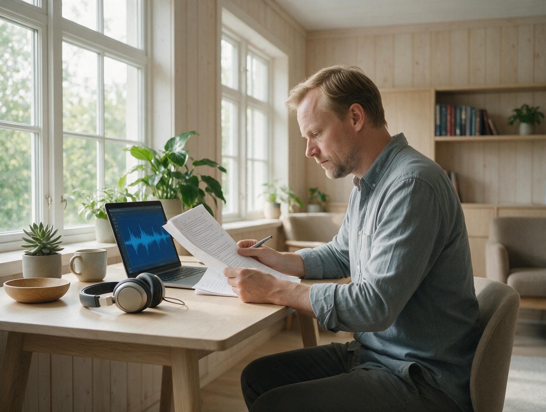 A linguist proofreading a printed transcript against the original recording