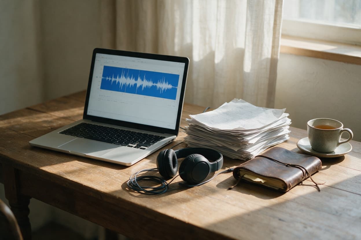 A linguist proofreading a printed transcript against the original recording