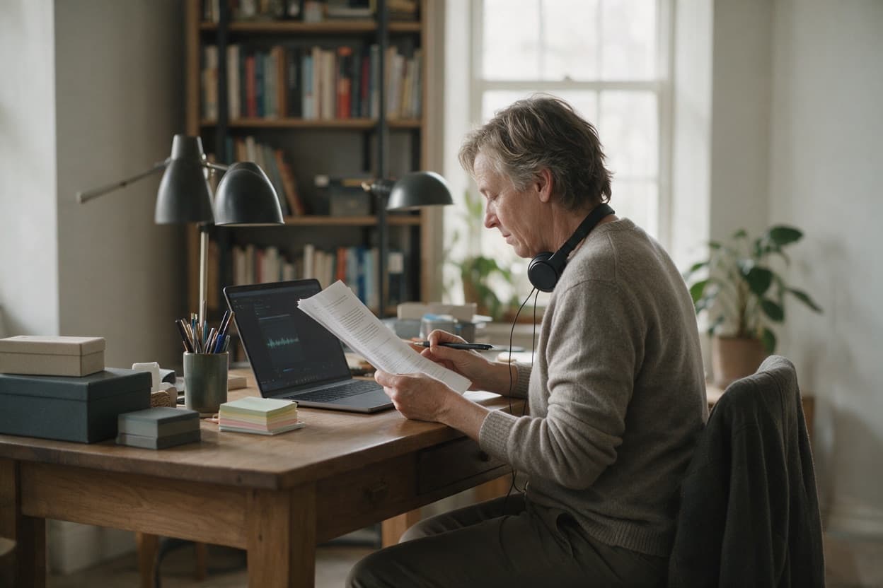A linguist proofreading a printed transcript against the original recording