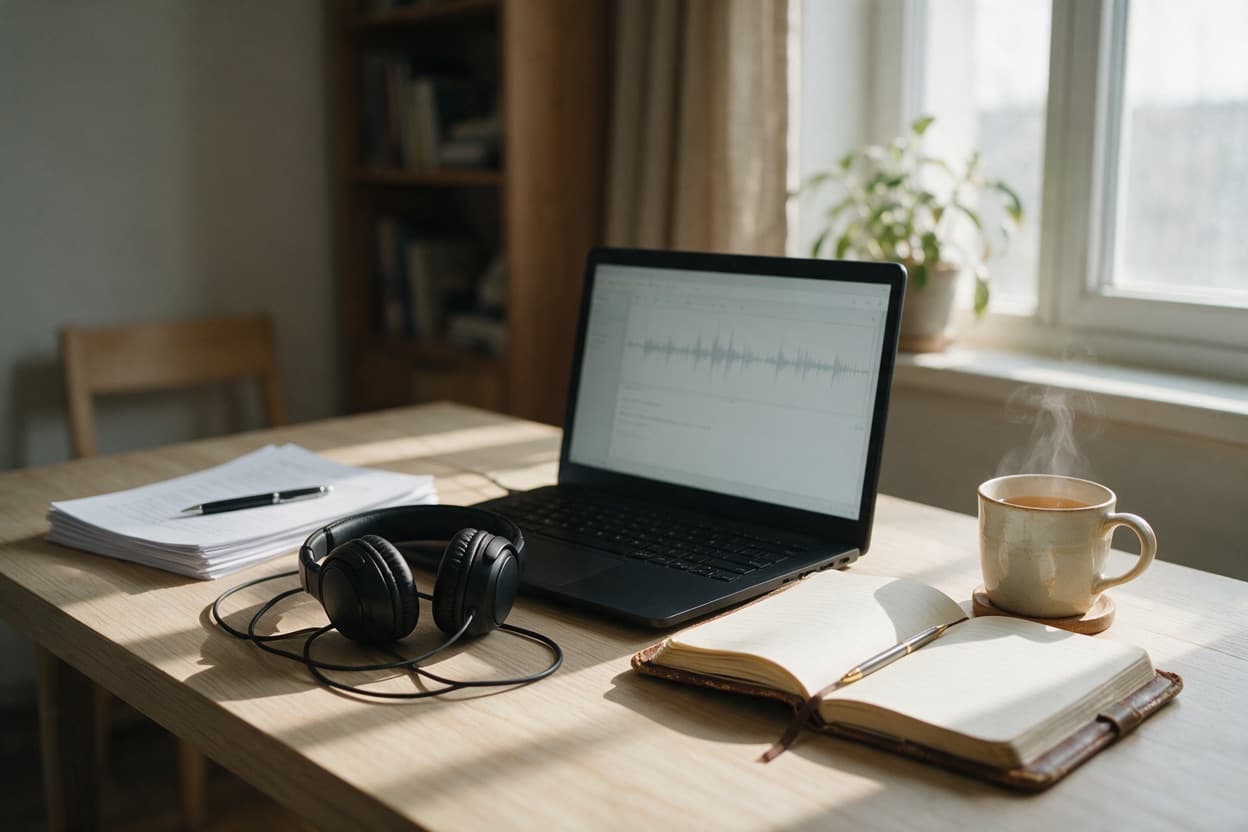 A linguist proofreading a printed transcript against the original recording