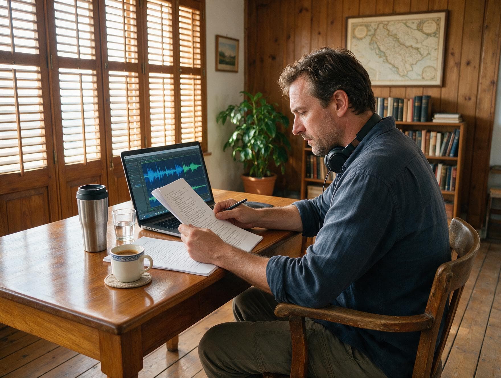 A linguist proofreading a printed Croatian transcript against the original recording