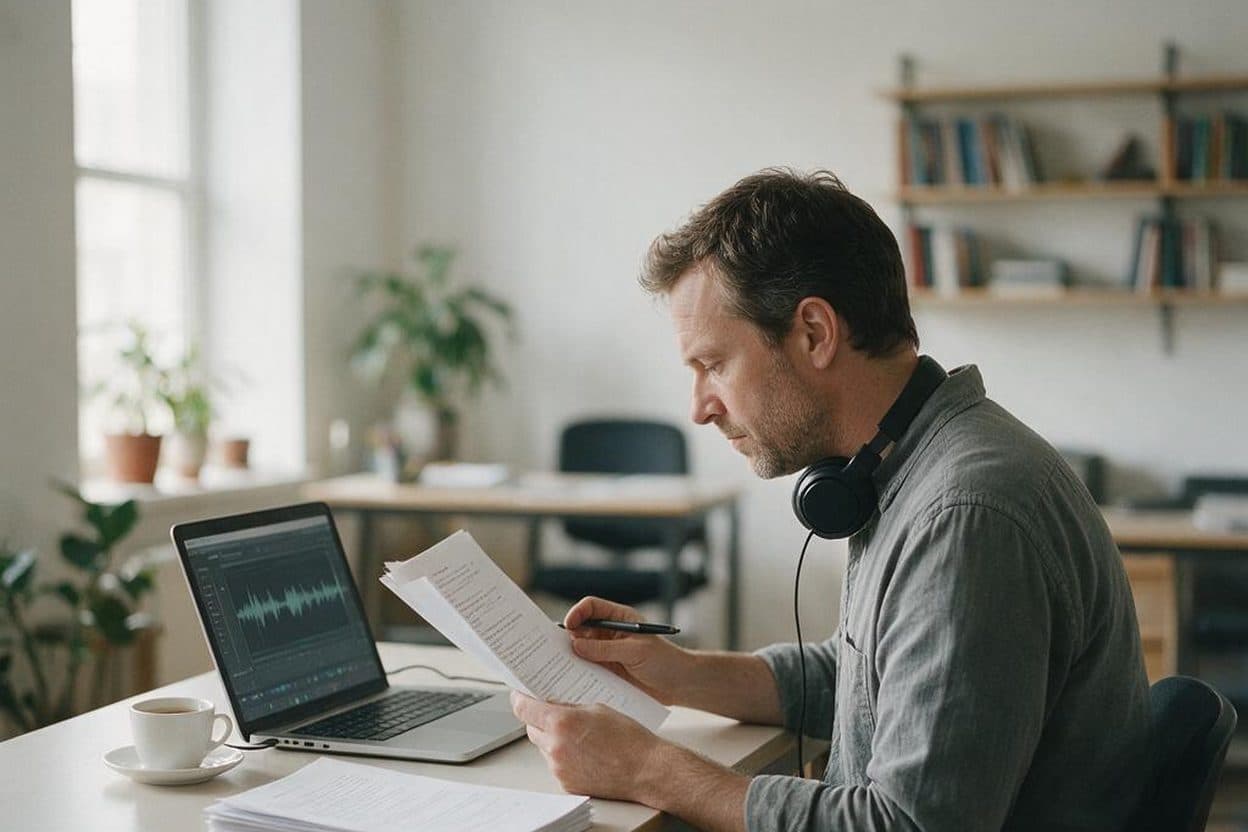 A linguist proofreading a printed transcript against the original recording