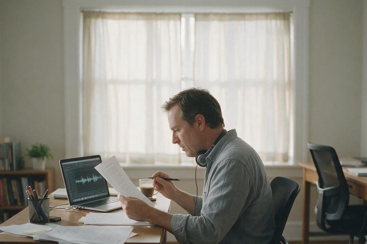A linguist proofreading a printed transcript against the original recording