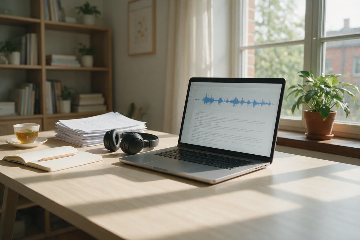 A linguist proofreading a printed transcript against the original recording