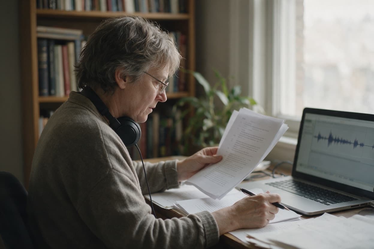 A linguist proofreading a printed transcript against the original recording