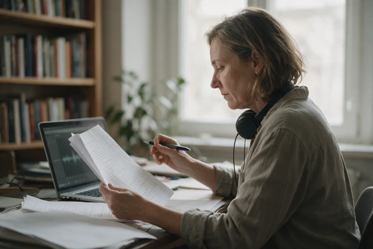 A linguist proofreading a printed transcript against the original recording