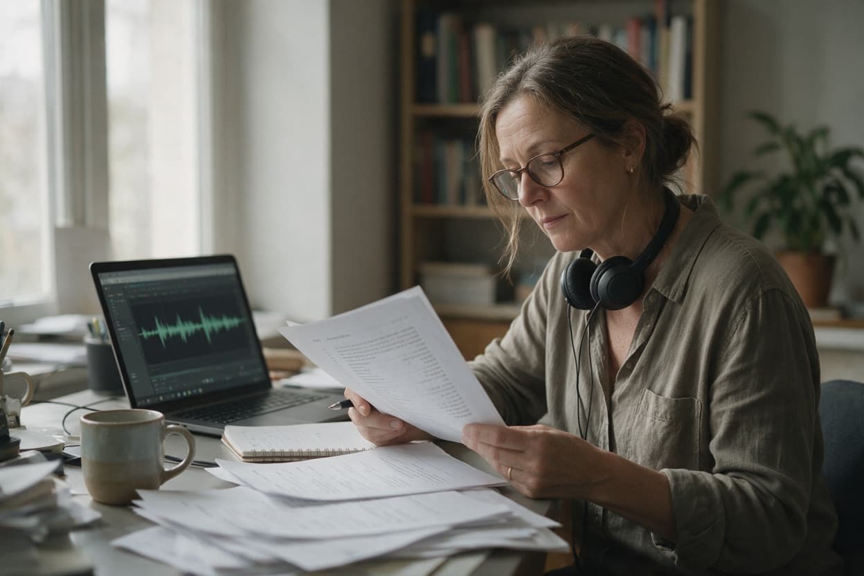 A linguist proofreading a printed transcript against the original recording