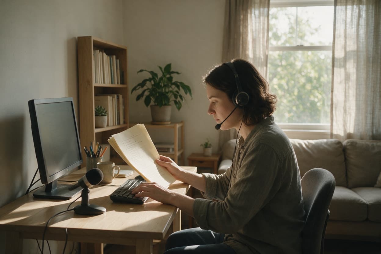 A linguist proofreading a printed transcript against the original recording