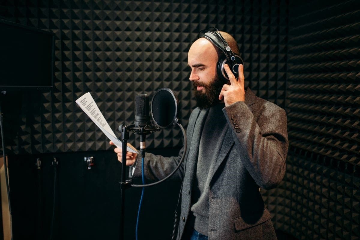 Male voice over artist recording in studio