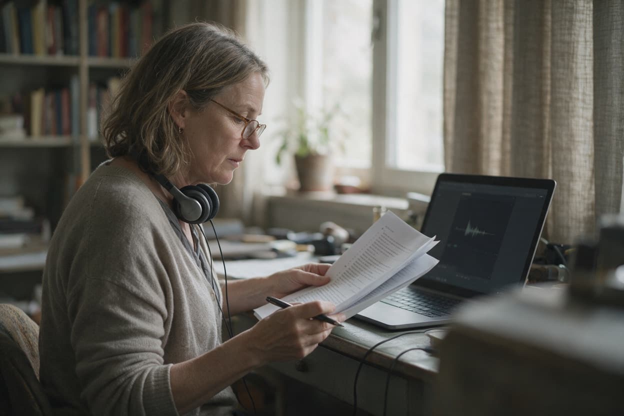A linguist proofreading a printed transcript against the original recording