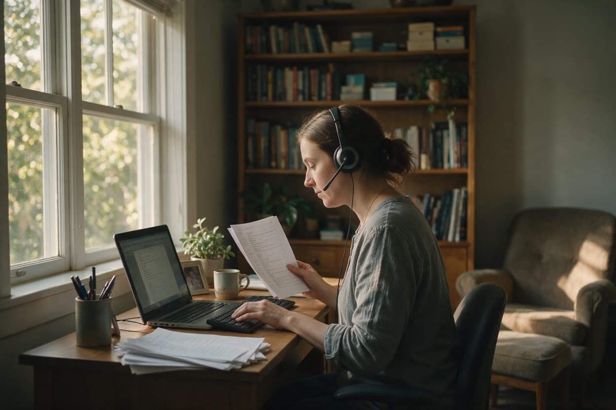 A linguist proofreading a printed transcript against the original recording