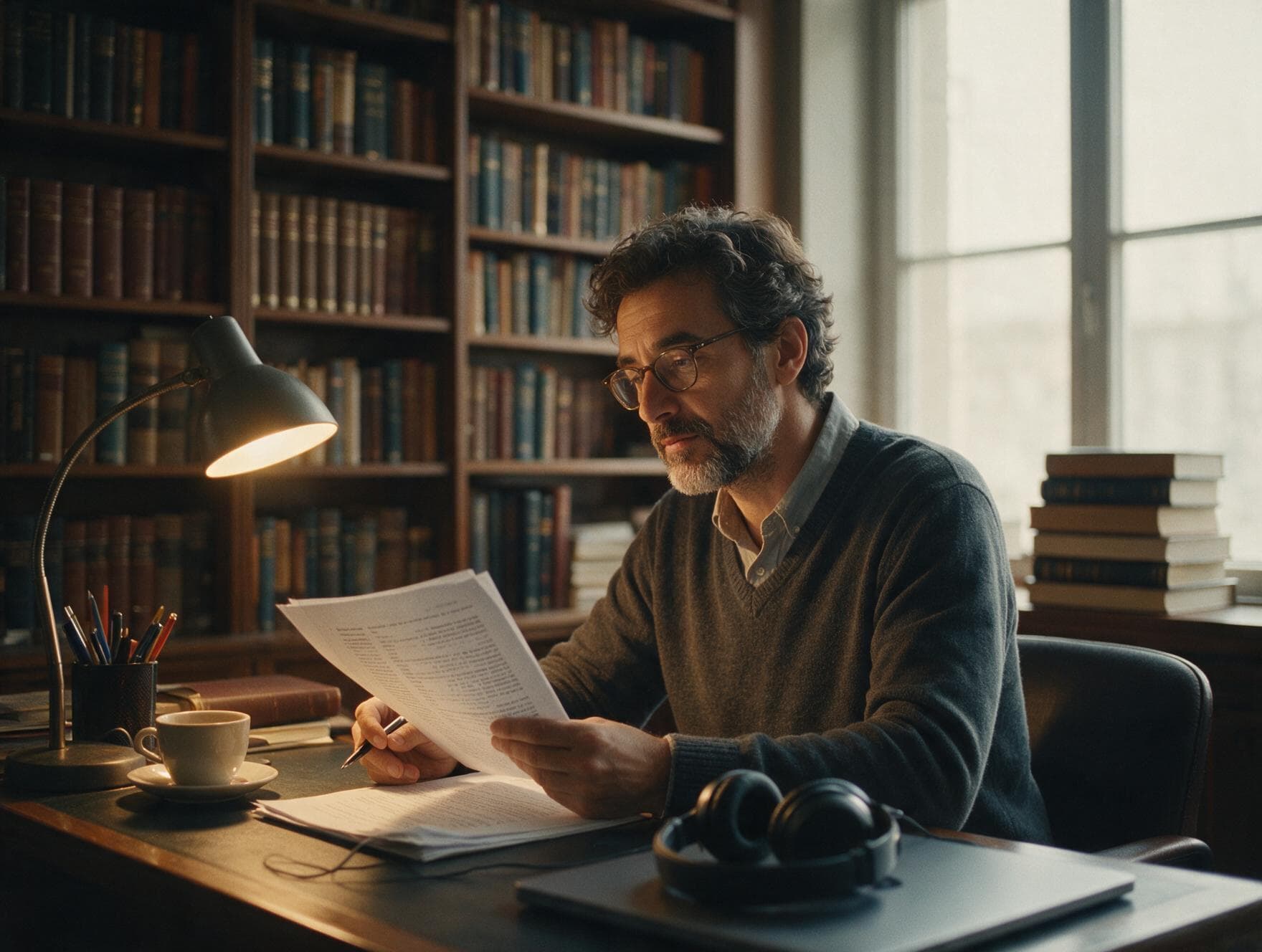 A linguist proofreading a printed Basque transcript against the original recording