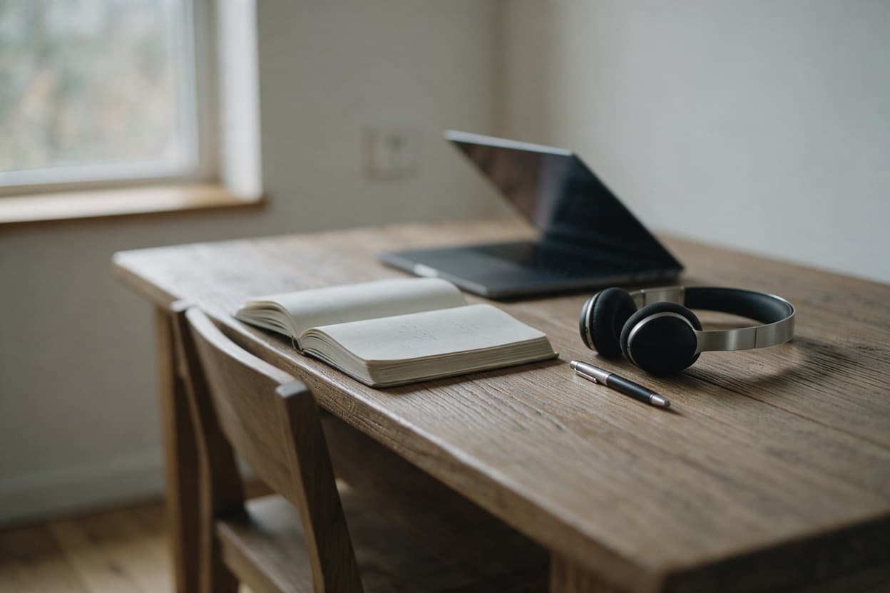 A linguist proofreading a printed transcript against the original recording