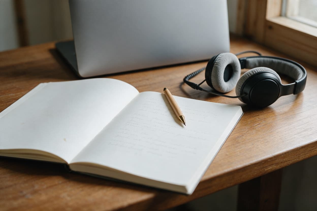 A linguist proofreading a printed transcript against the original recording