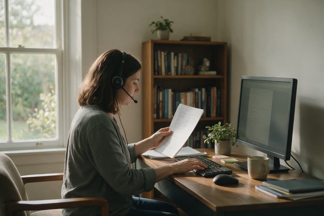 A linguist proofreading a printed transcript against the original recording