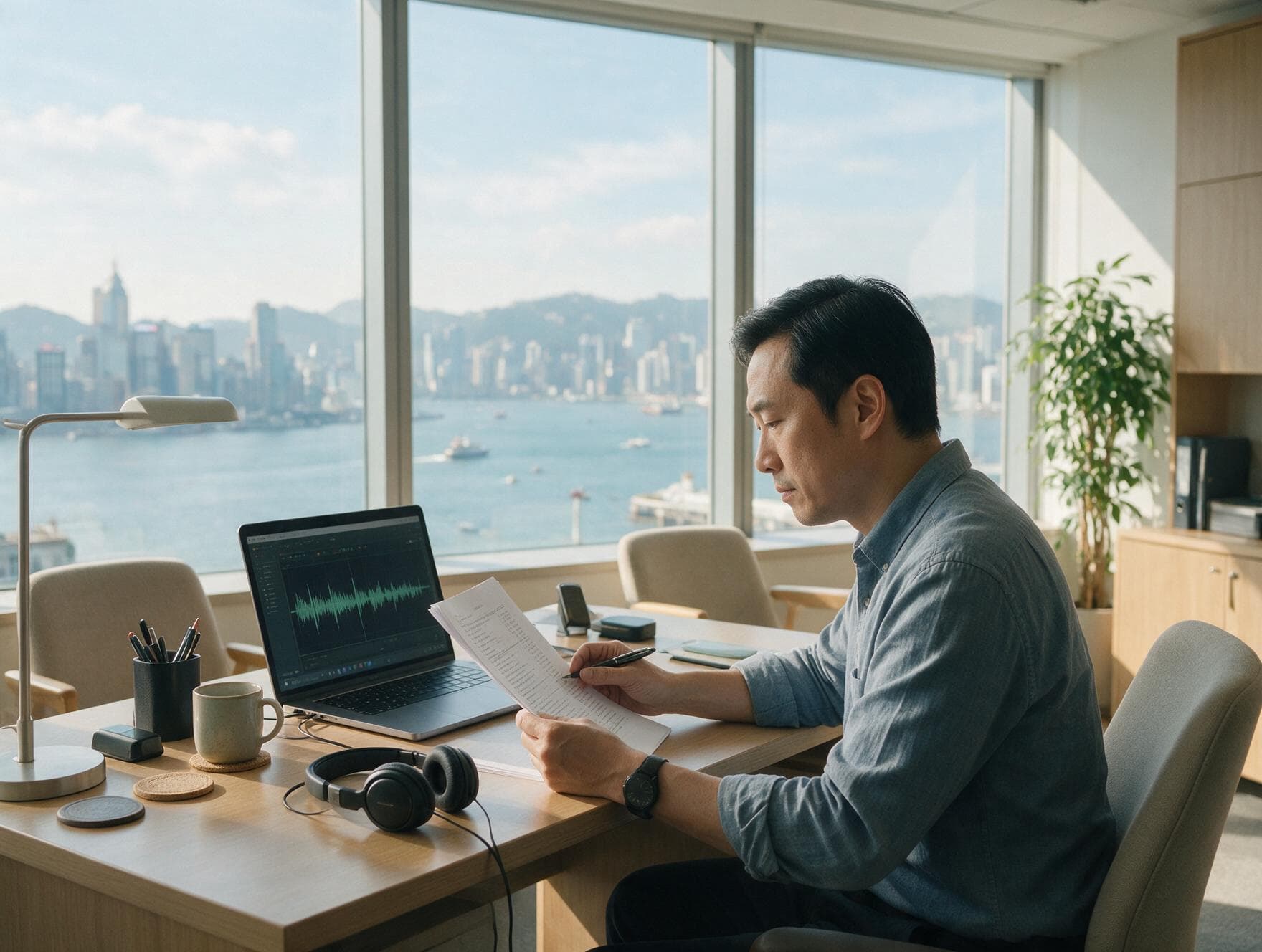 A linguist proofreading a printed Traditional Chinese transcript against the original recording
