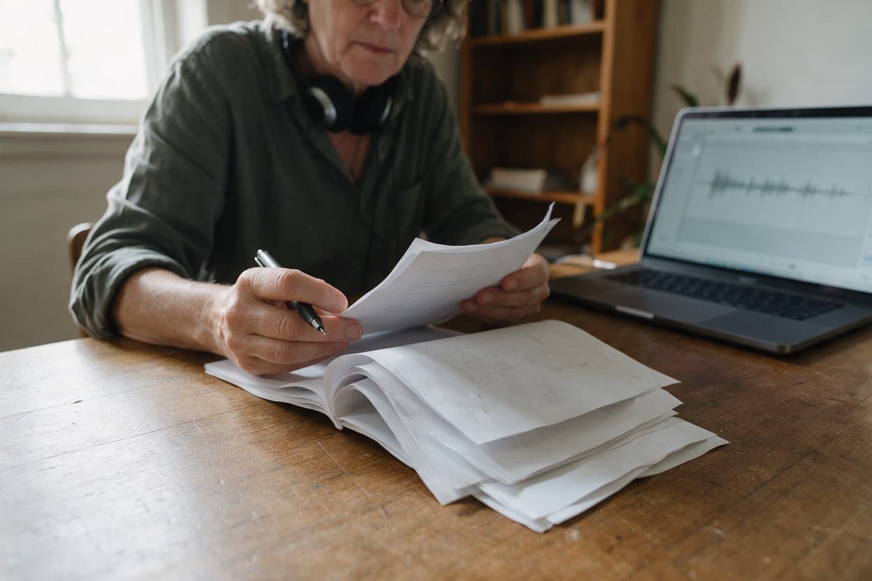 A linguist proofreading a printed transcript against the original recording