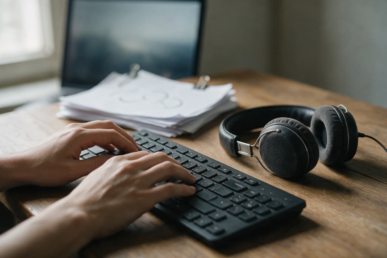 A linguist proofreading a printed transcript against the original recording
