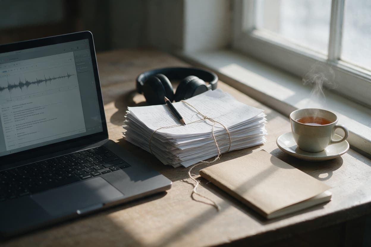 A linguist proofreading a printed transcript against the original recording