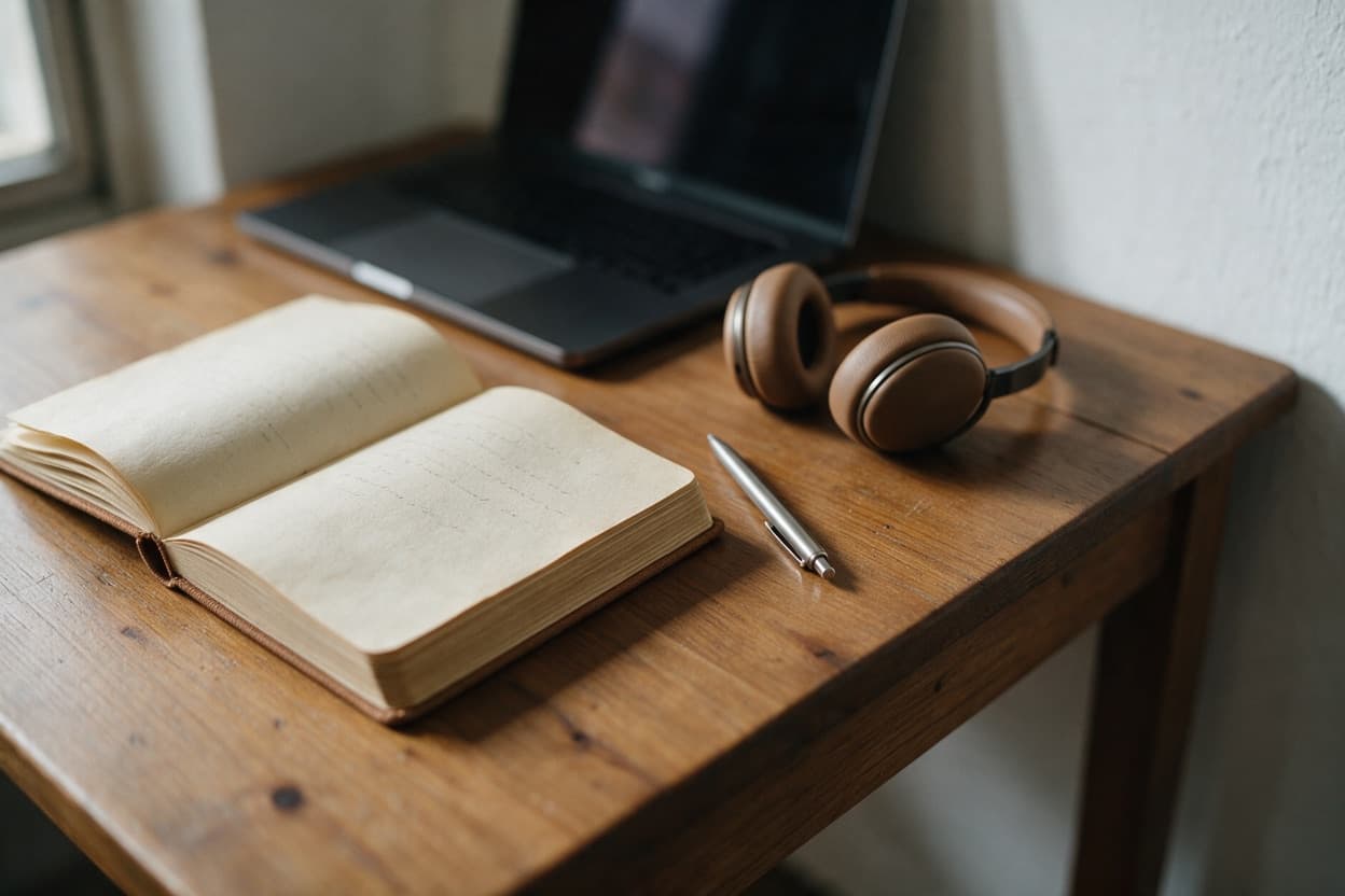 A linguist proofreading a printed transcript against the original recording