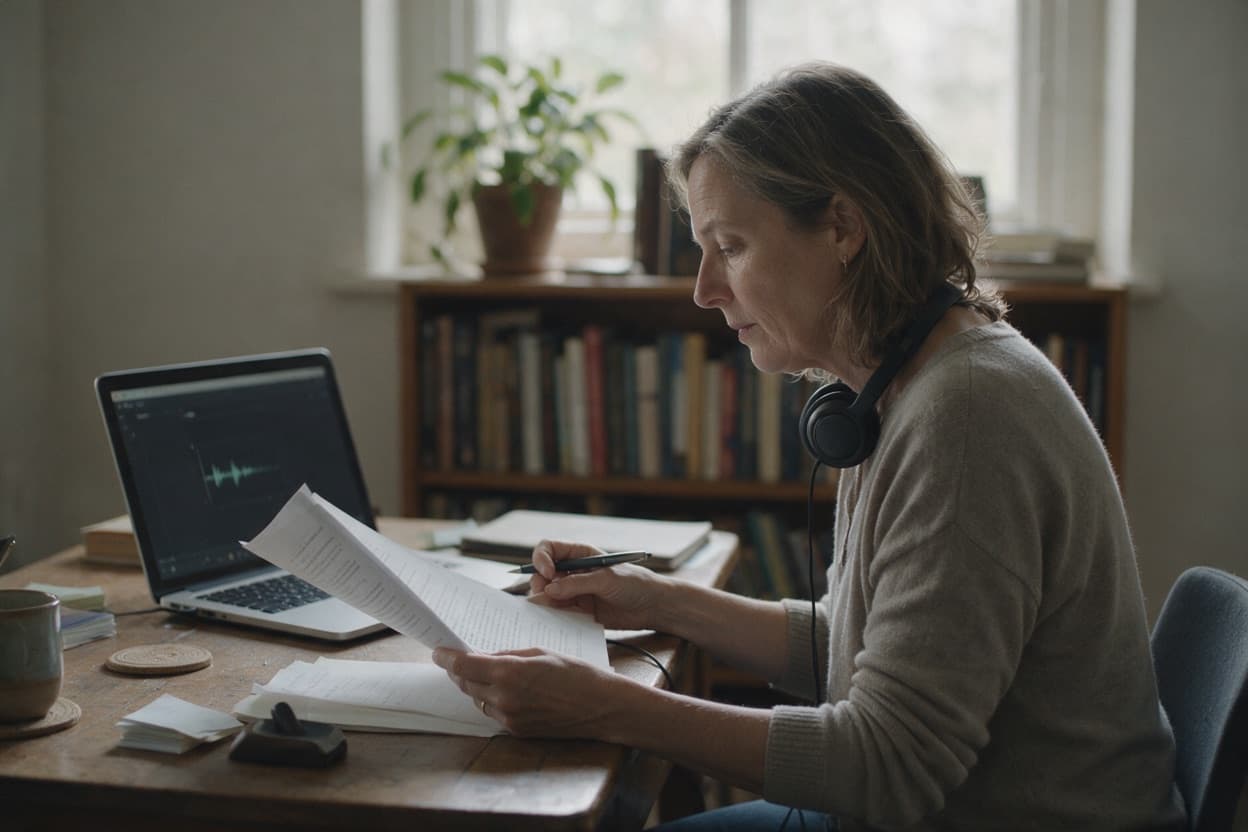 A linguist proofreading a printed transcript against the original recording