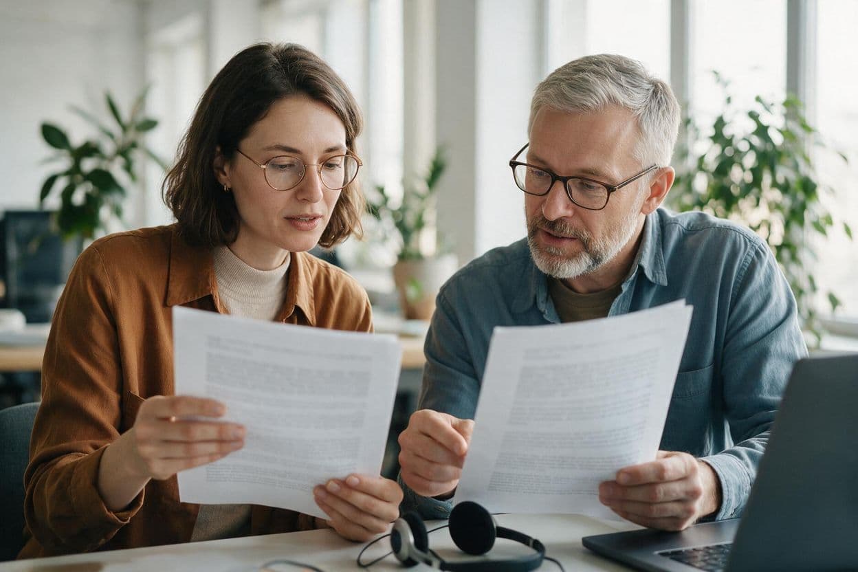 Two colleagues checking a time-coded transcript against the recording