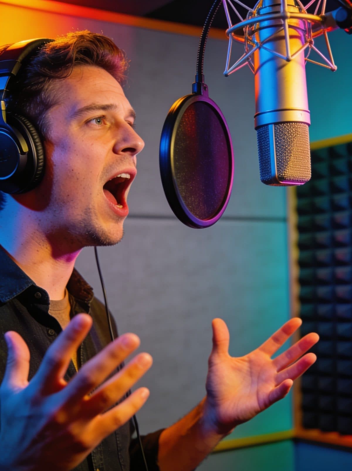 Voice actor recording a TV commercial in a studio