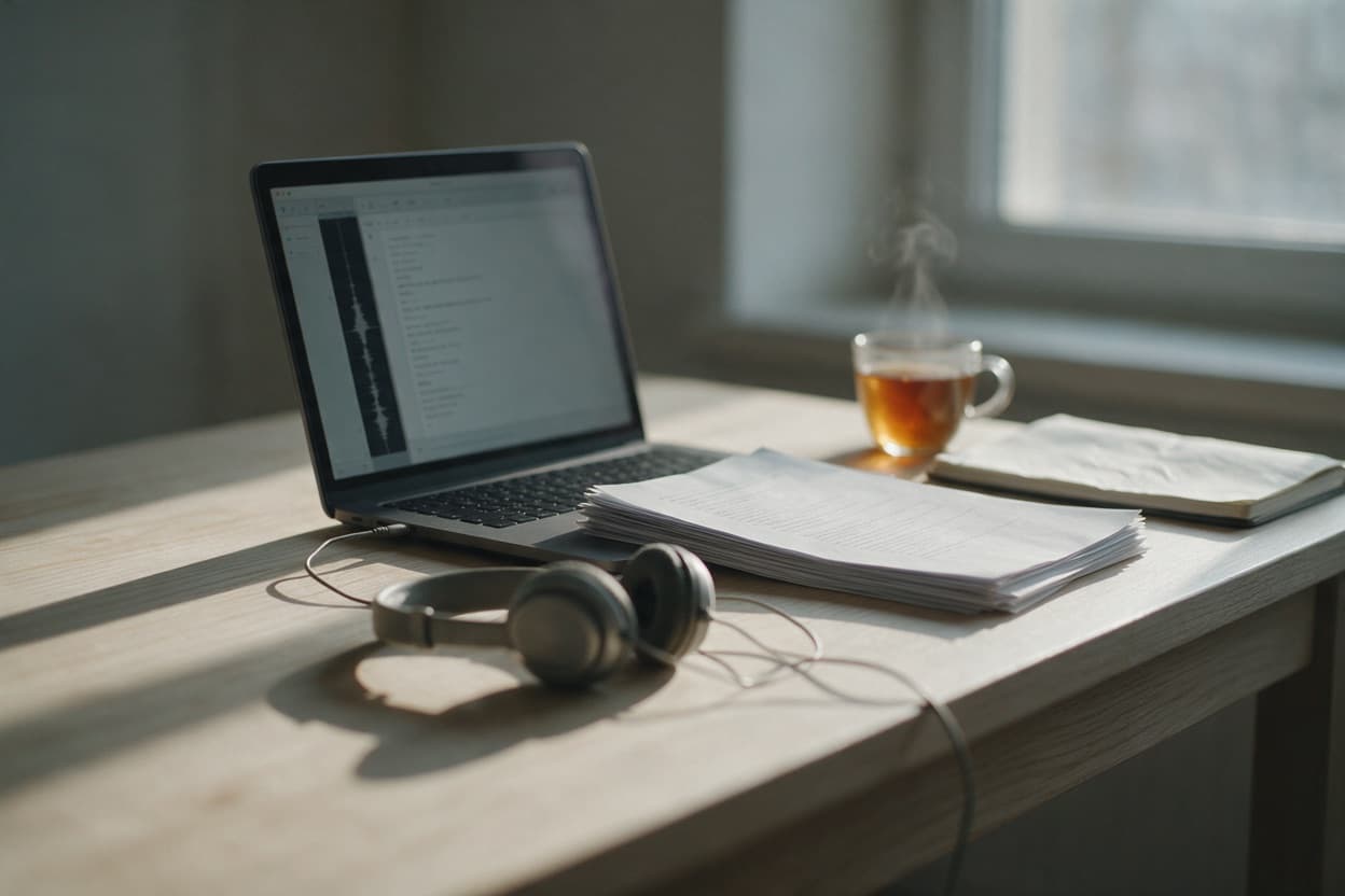 A linguist proofreading a printed transcript against the original recording