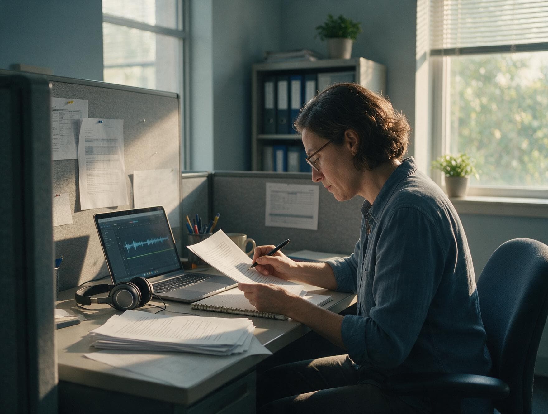 A linguist proofreading a printed transcript against the original recording