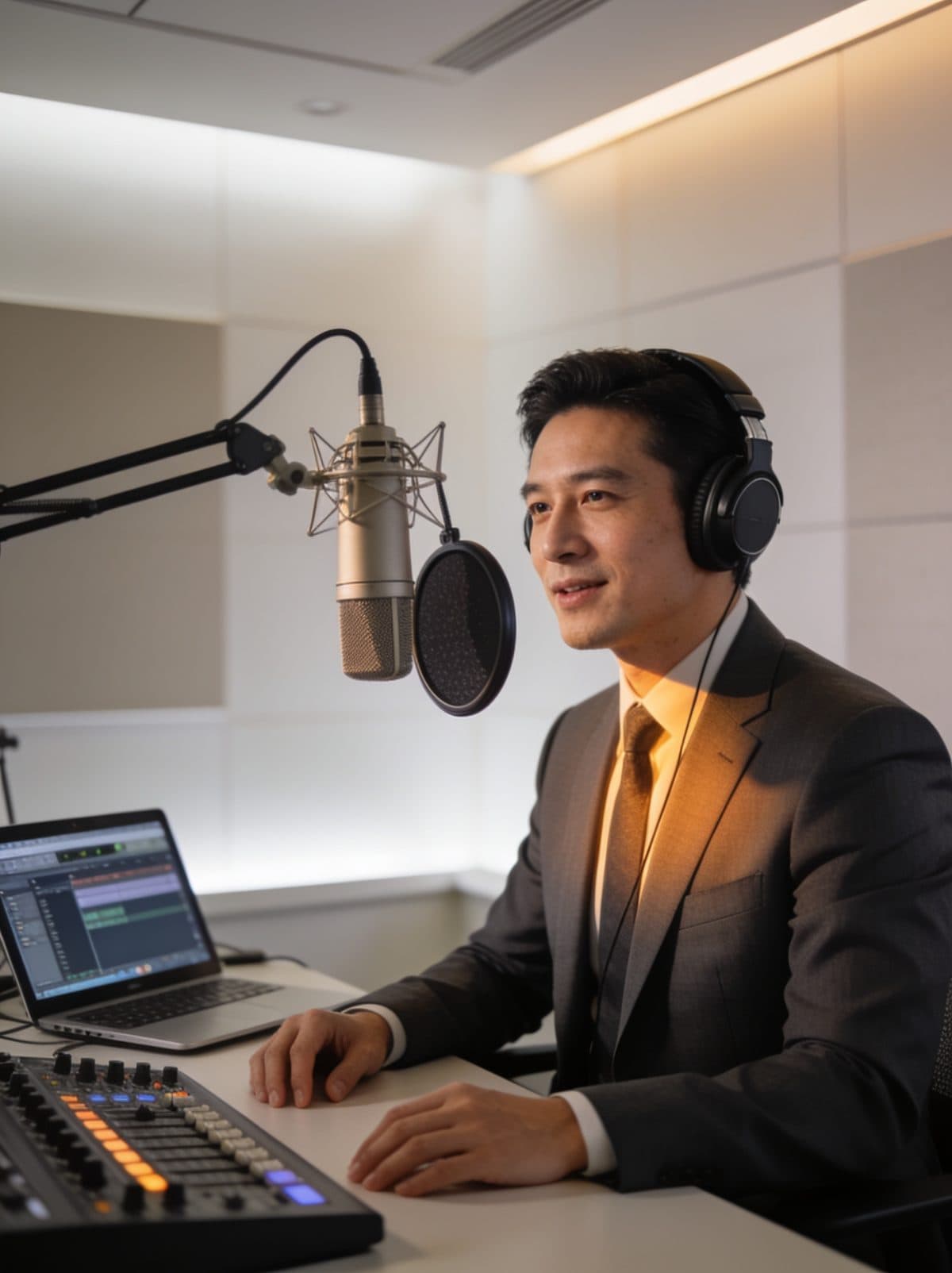 Corporate voice actor recording in a professional studio