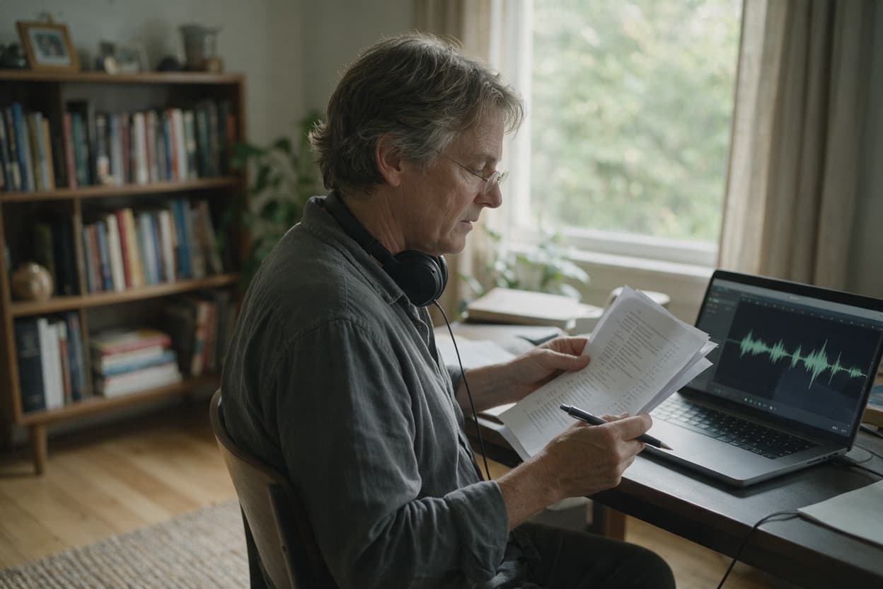 A linguist proofreading a printed transcript against the original recording