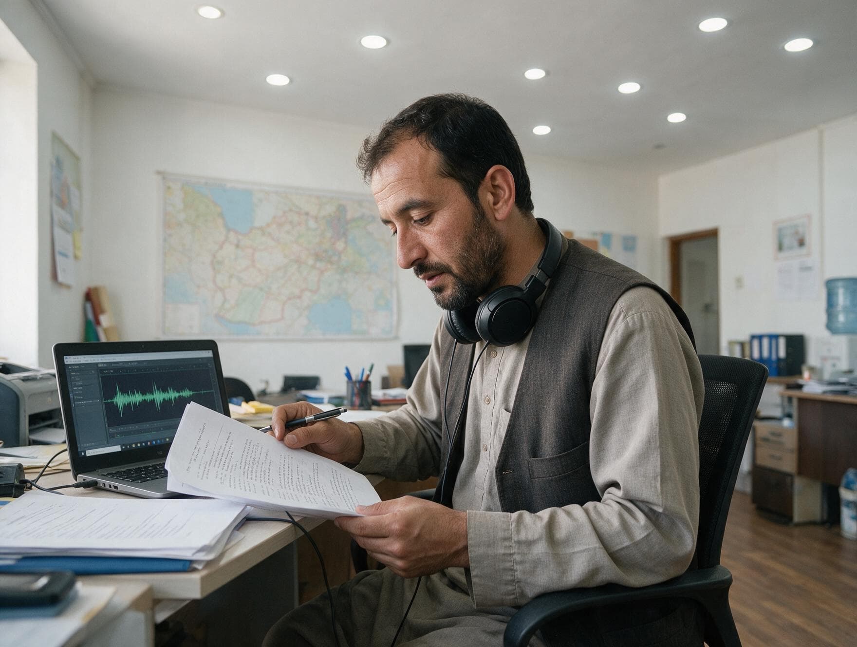 A linguist proofreading a printed Dari transcript against the original recording
