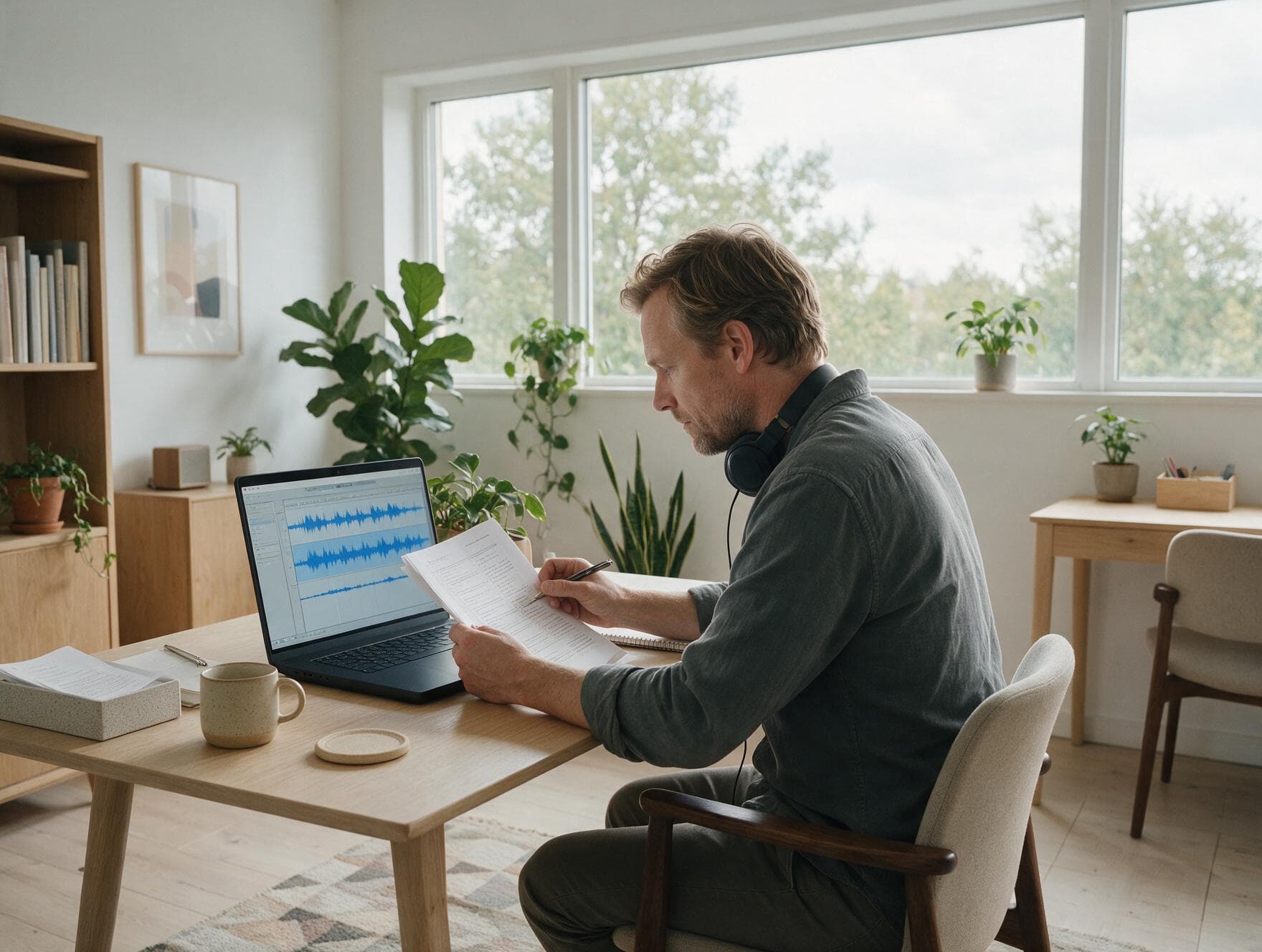 A linguist proofreading a printed Danish transcript against the original recording