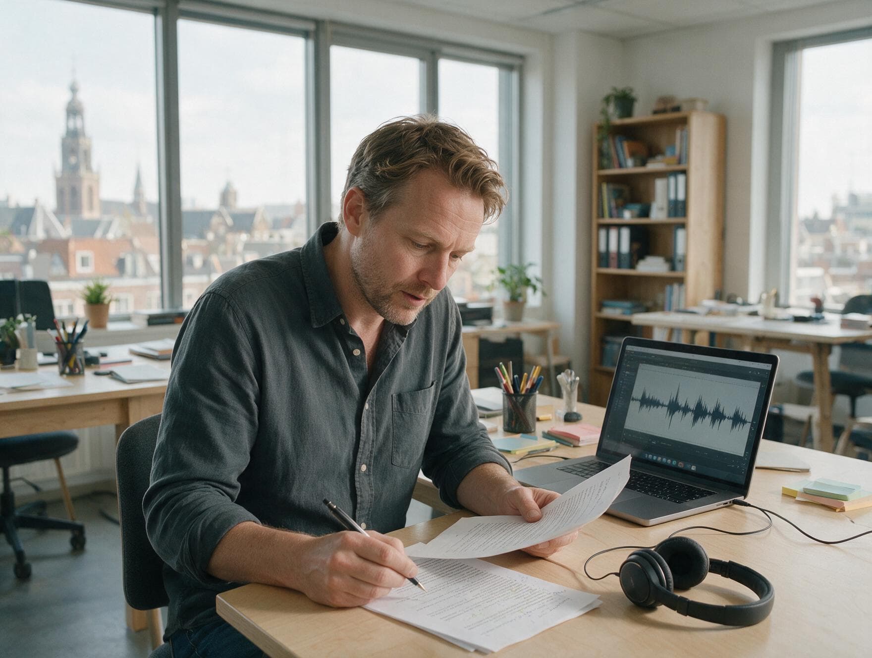 A linguist proofreading a printed Dutch transcript against the original recording