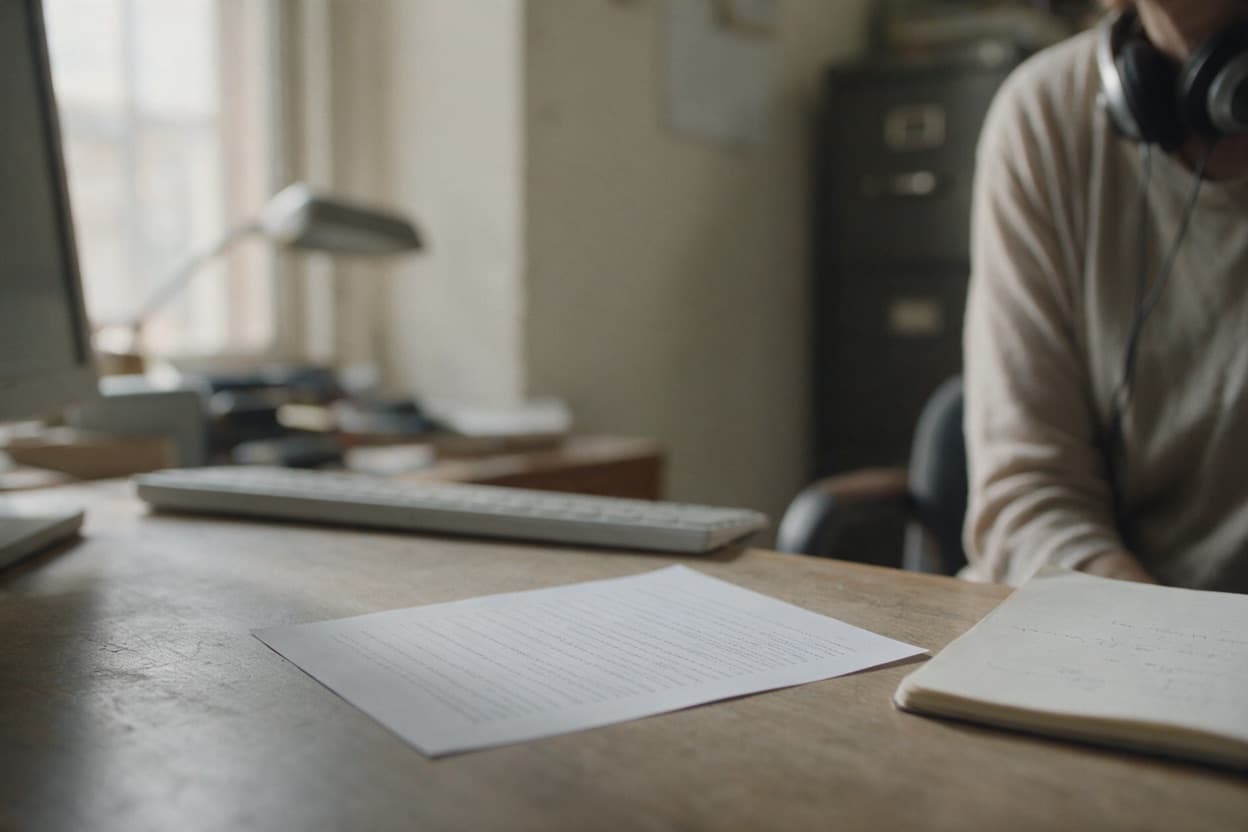 A linguist proofreading a printed transcript against the original recording